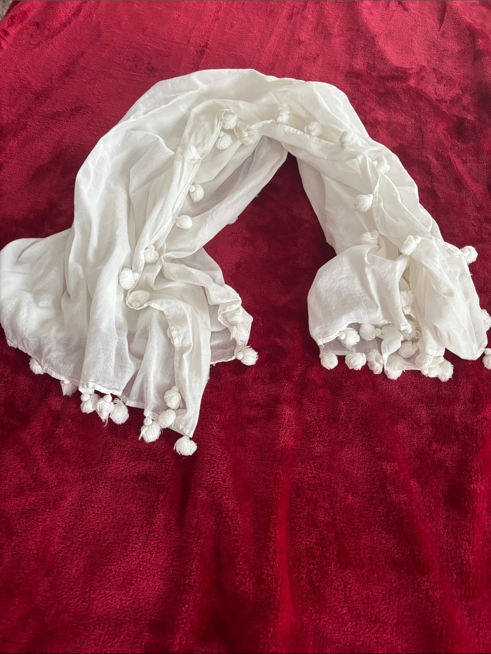 Elegant White Pom-Pom Trim Scarf for Women